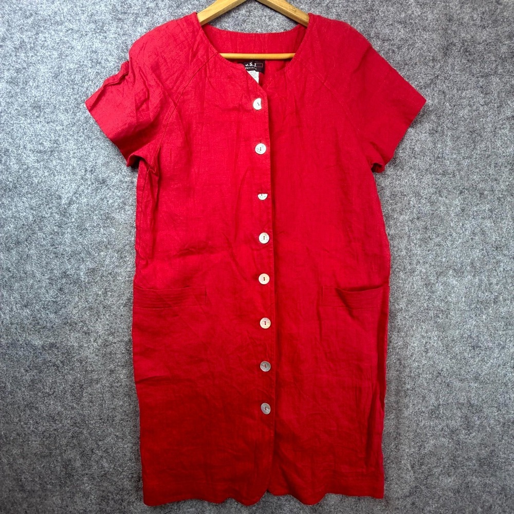 Vintage J.S.J. Petites Linen Shirt Dress Womens 10 Red 90s Effortless Chic Cool